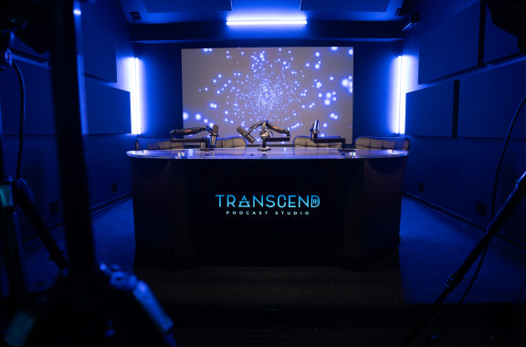 image of transcend podcast studio desk with podcasting equipment