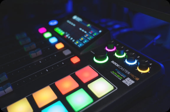 Rode caster sound board being used in the Transcend Podcast Studio